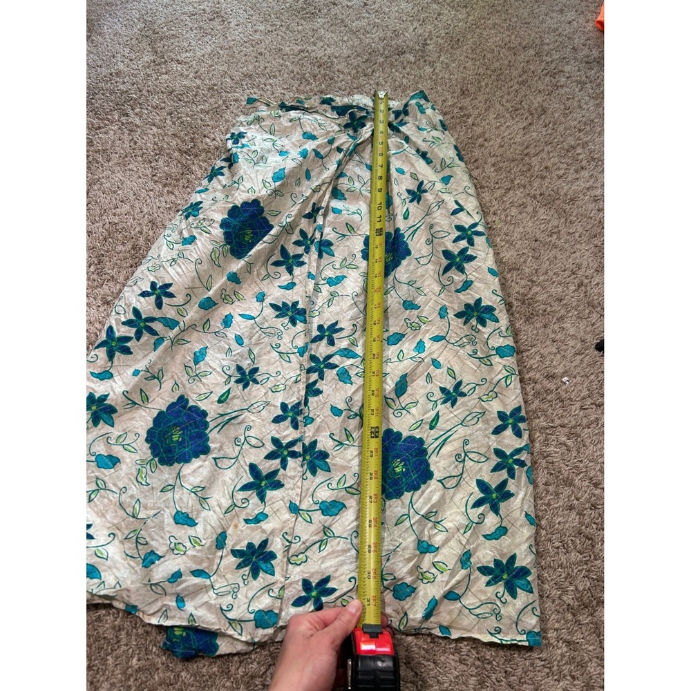 Vintage Womens Blue Green Floral 100% Silk Wrap Maxi Skirt Costal Boho S - Picture 8 of 9